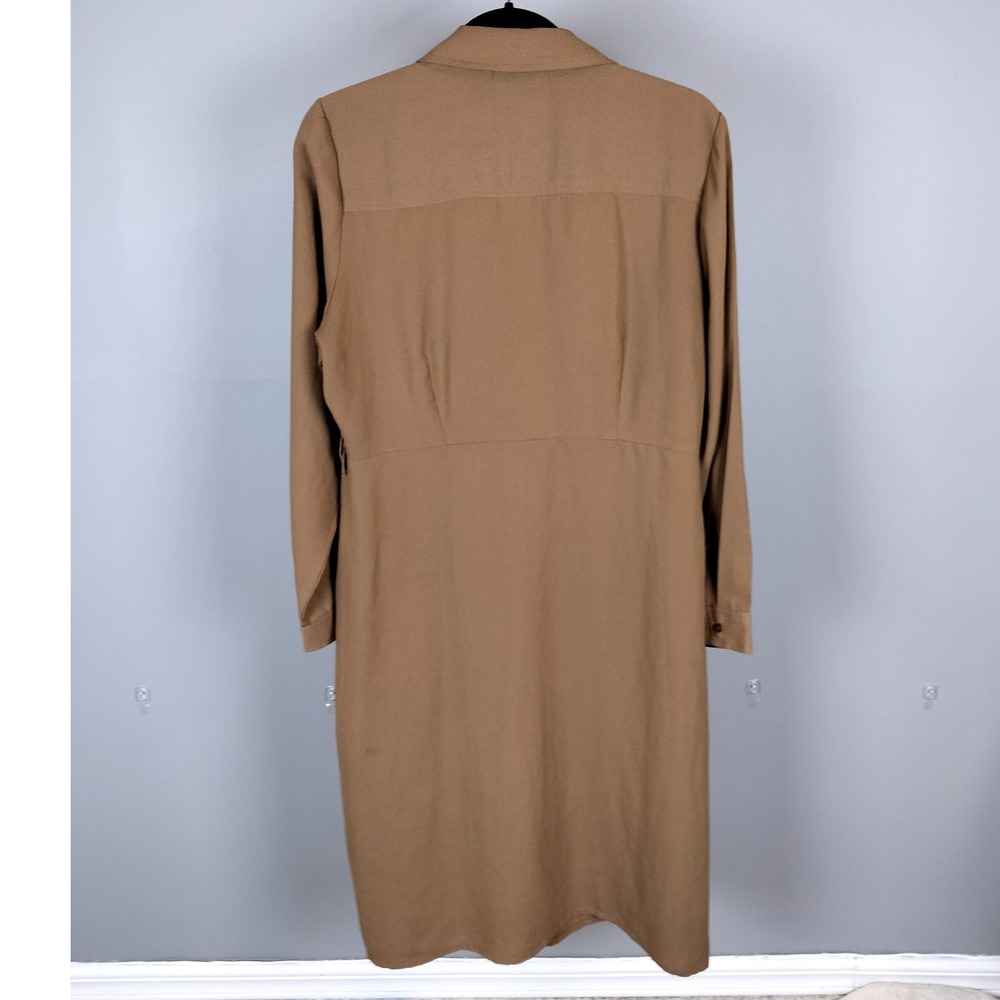 Brown Crepe Utility Midi Shirtdress Tan Wardrobe Polyester Pocketed Long Sleeve - Picture 3 of 8
